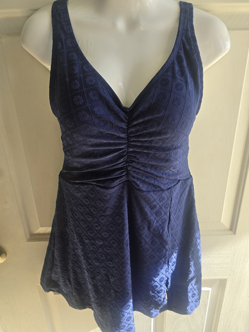 Lands' End Navy Textured Ruched V-Neck One-Piece Swimdress